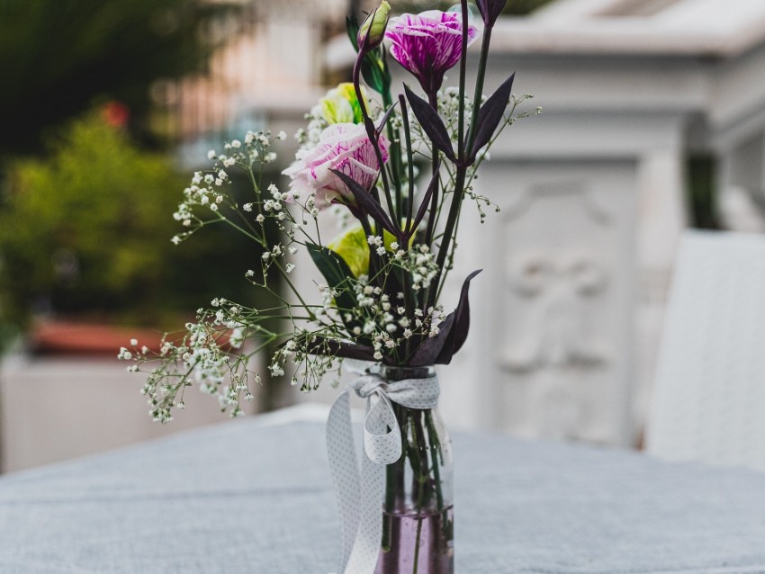 flowers, bouquet, vase, ribbon, decor