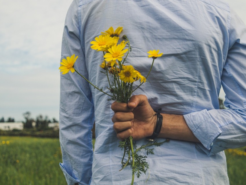 flowers, yellow, bouquet, hand, back