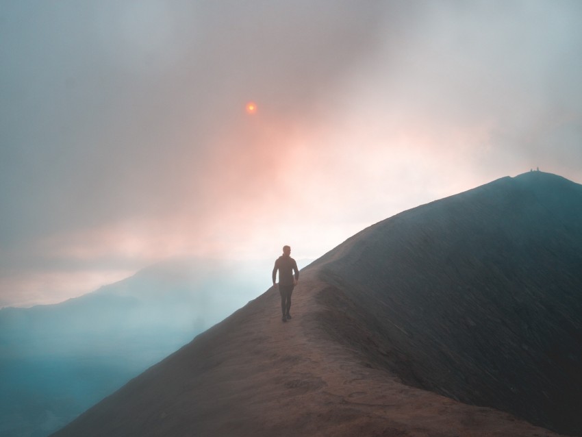 fog, mountain, man, loneliness, peak, solitude, sky