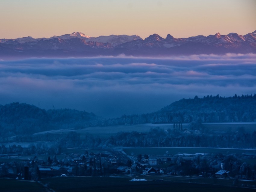 fog, mountains, twilight, winter, sky, switzerland