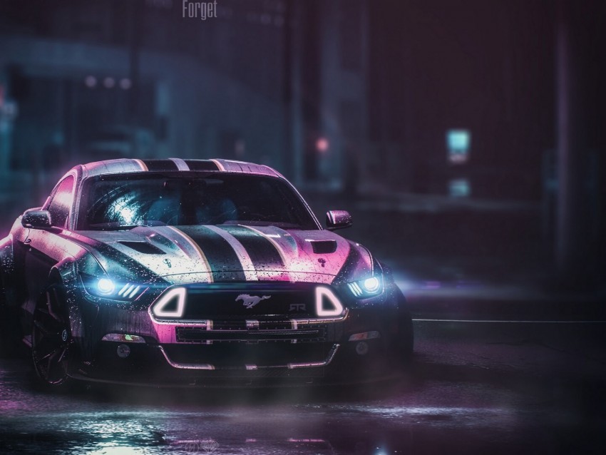 ford mustang gtr, ford, car, neon, night, wet