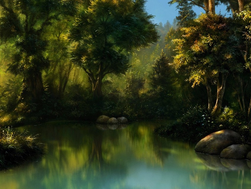 Forest Art Pond Trees Water Background