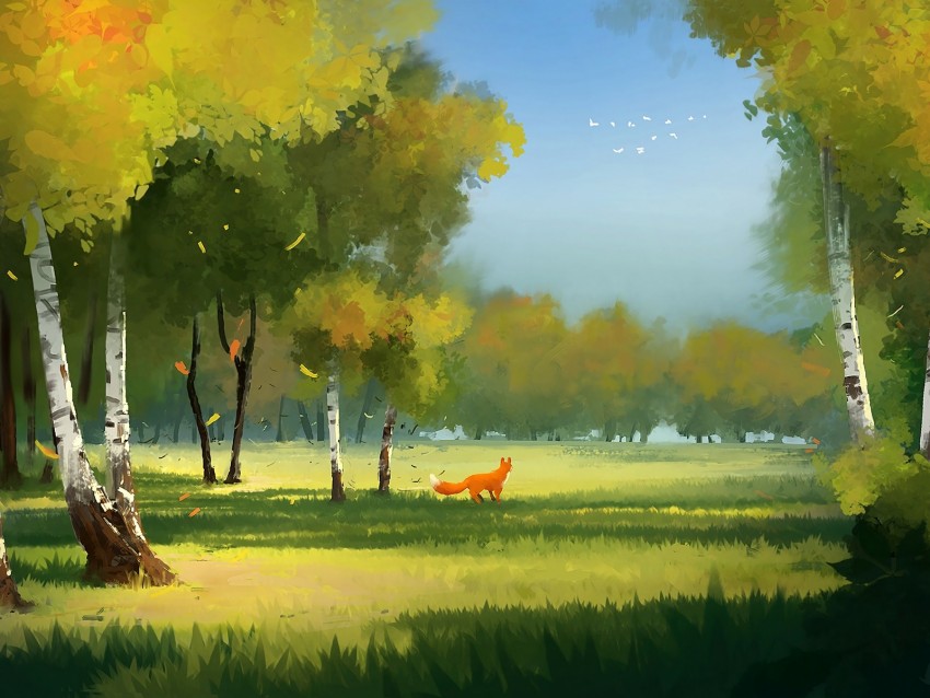 Forest Fox Art Glade Trees Background