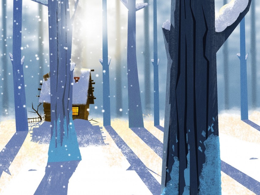 forest, house, snow, winter, art