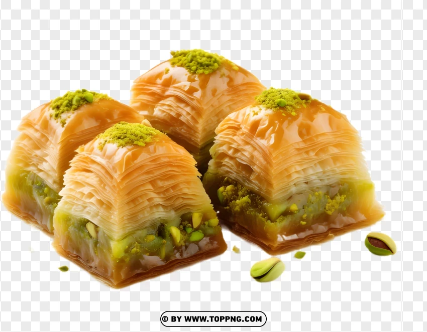 Four Pistachio-filled Baklava Squares With Golden Layers Image PNG Transparent Background