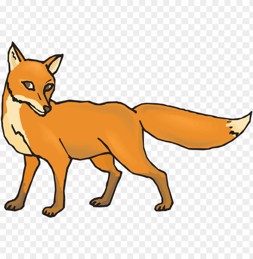 Cartoon-style orange fox standing with a bushy tail PNG