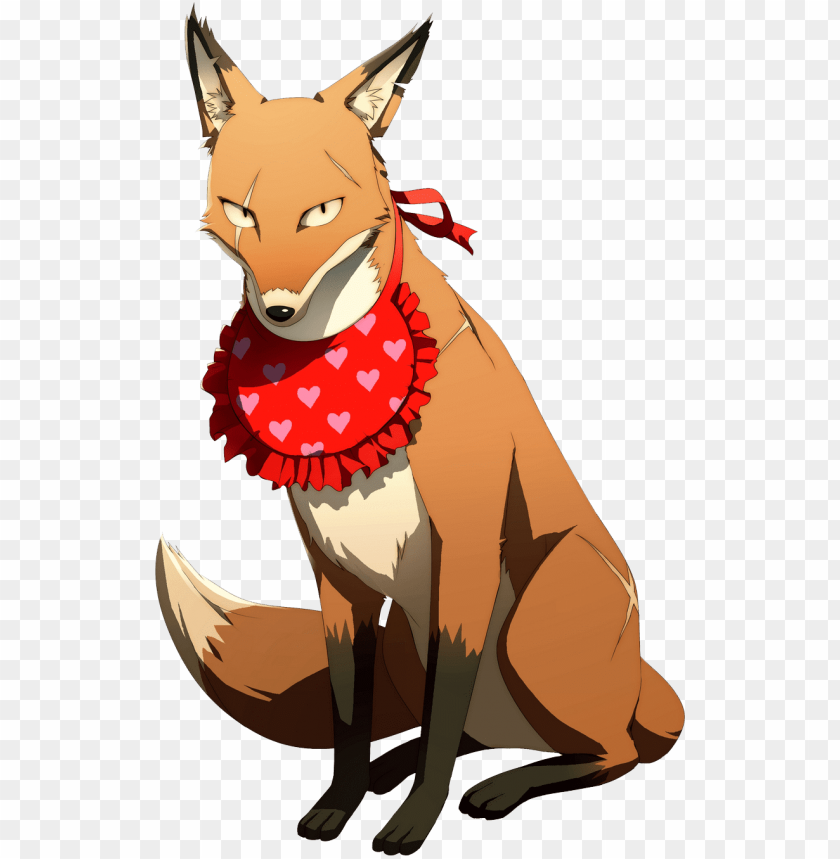 A cartoon fox wearing a red heart-patterned scarf, sitting down.