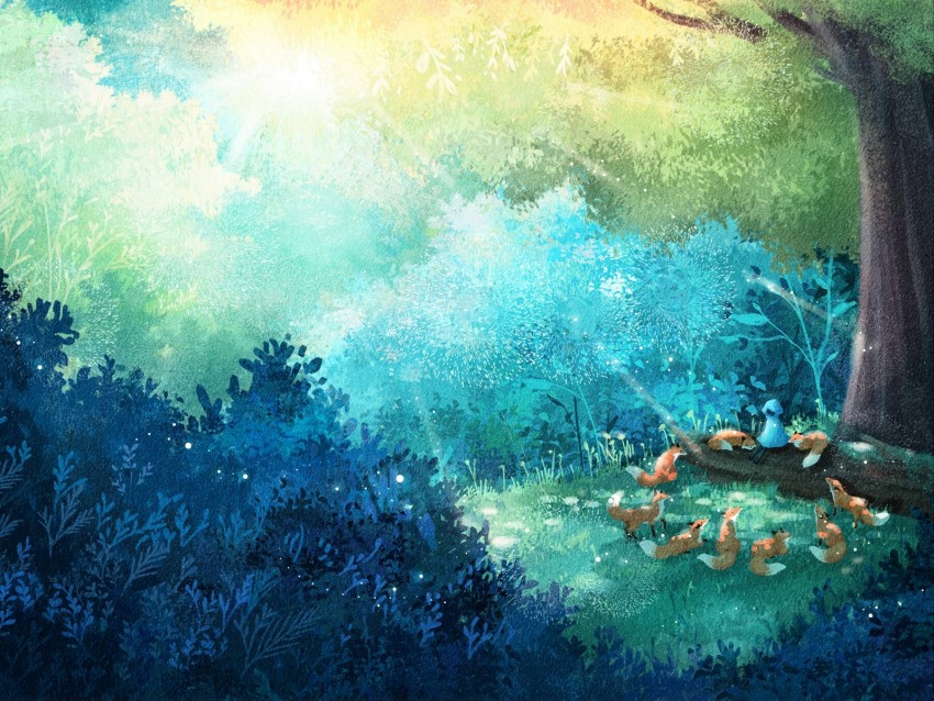 fox, forest, art, family