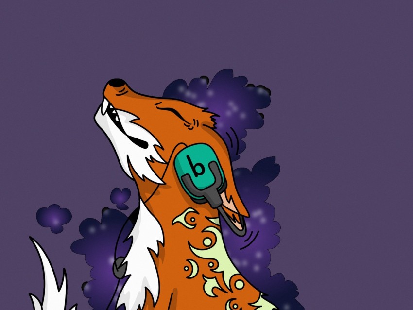 fox, headphones, vector, music lover, purple