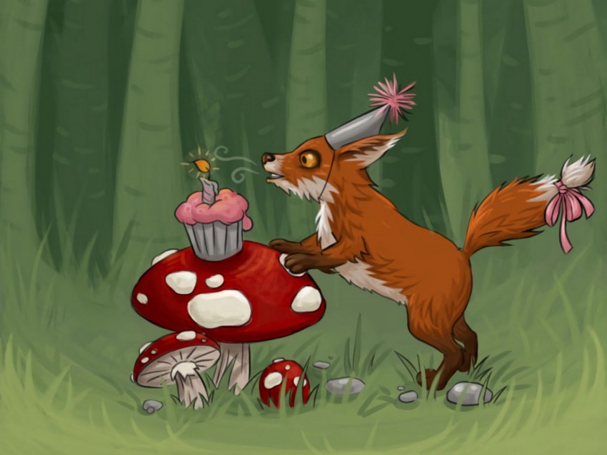 fox, mushrooms, cupcake, birthday, art