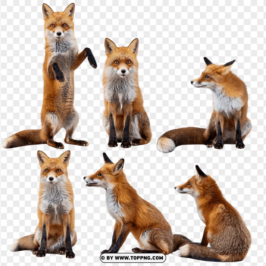 Group Of Red Foxes In Various Sitting And Standing Poses PNG Transparent Background