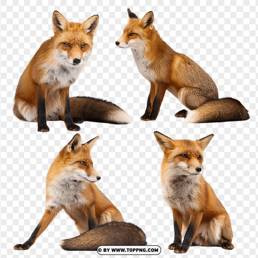 Set Of Four Red Foxes In Natural Wildlife Sitting Poses PNG Transparent Background