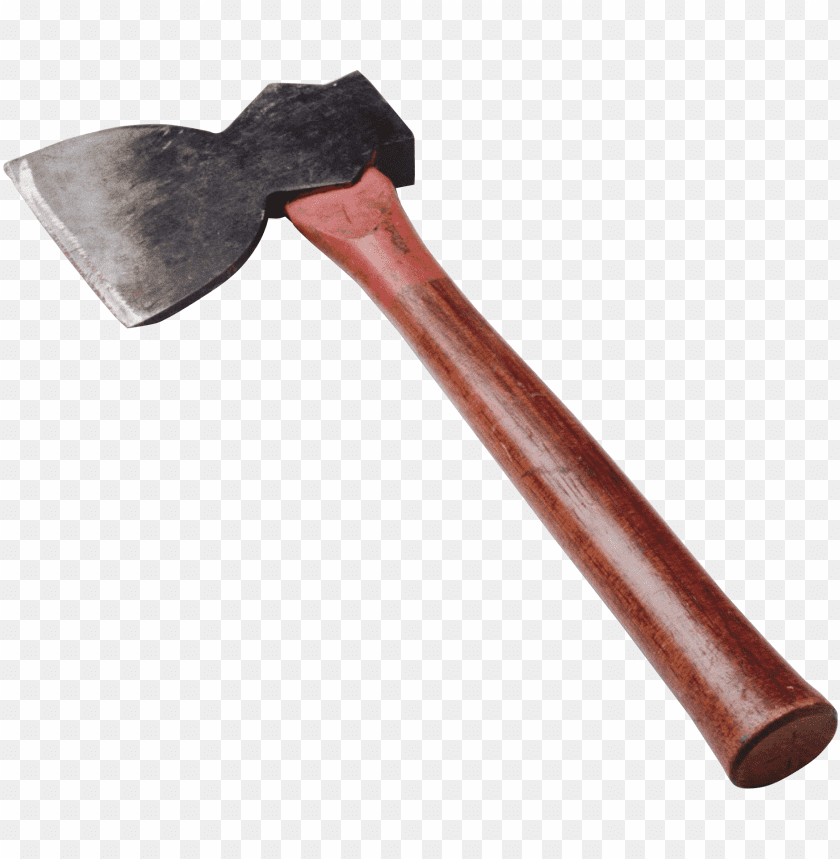 A wooden-handled axe with a sharp metallic blade PNG