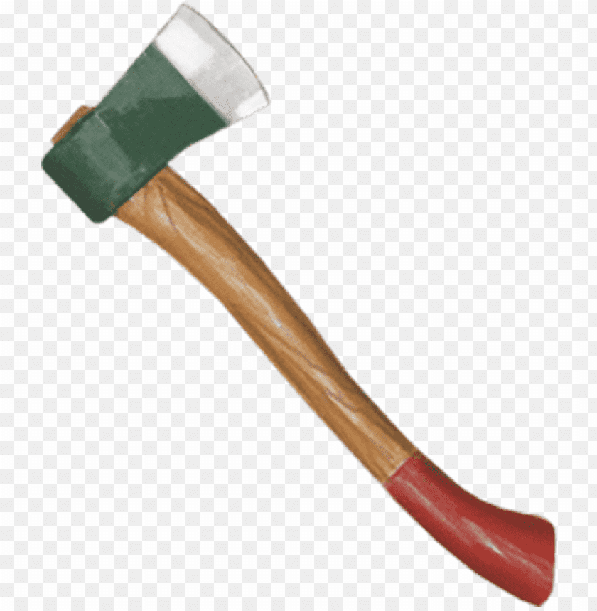 A colorful axe with a green head, wooden handle, and red accents PNG