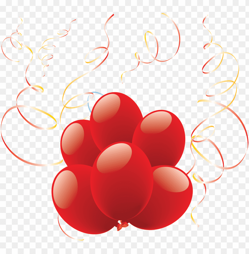 Cluster of red balloons with colorful streamers on a transparent background PNG