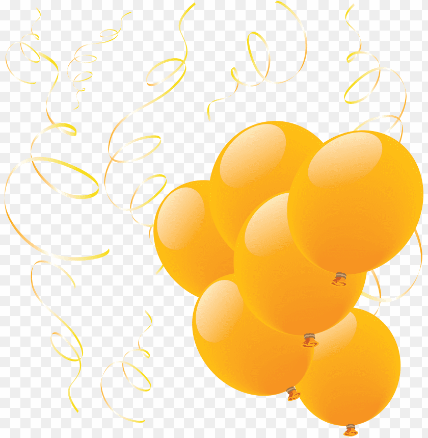 A cluster of yellow balloons with curly streamers on a black background PNG