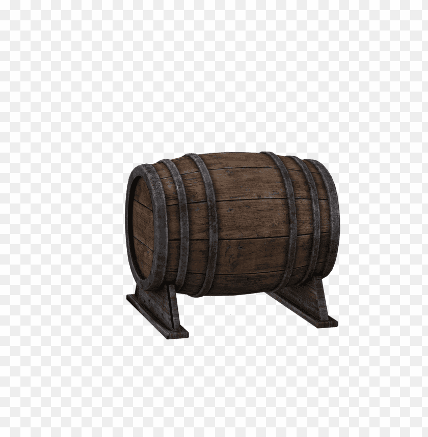 Wooden barrel on a stand, ideal for storage or decorative use PNG