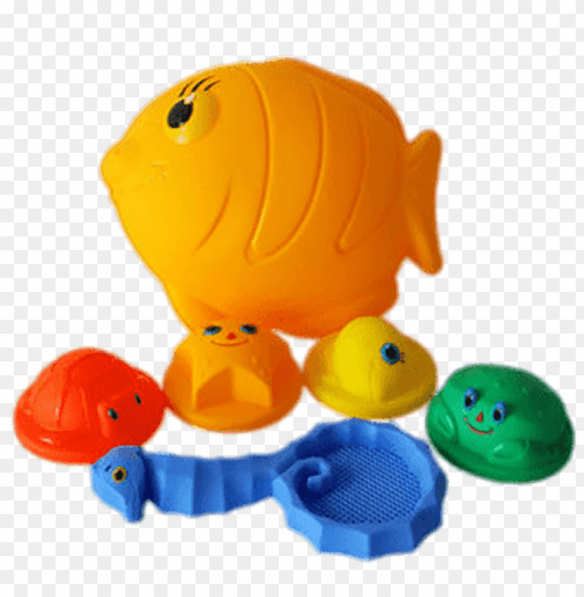 Colorful plastic fish toy with smaller sea creature shapes PNG