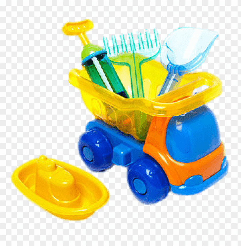 Colorful toy truck with gardening tools and a boat for childre PNG