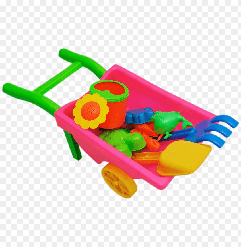 Colorful toy wheelbarrow filled with sand toys and gardening tools PNG