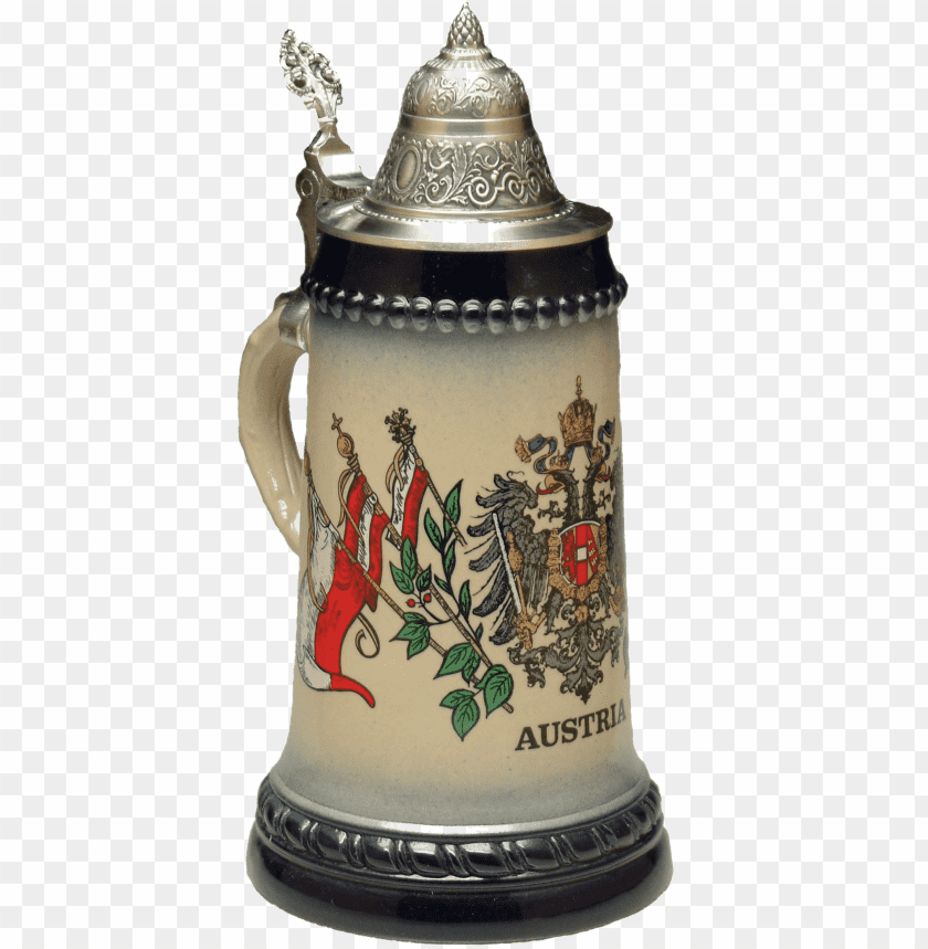 Ceramic stein featuring Austrian flags and coat of arms desi PNG