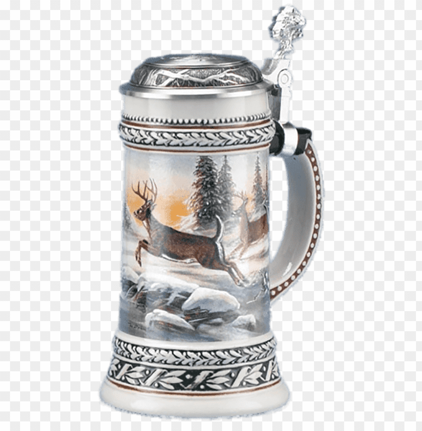 Decorative beer stein with deer scene and winter landscape PNG