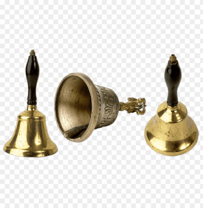 Three decorative bells with wooden handles on a transparent background PNG