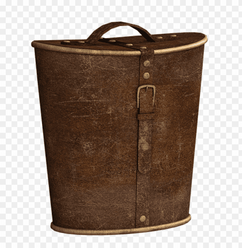 Vintage brown leather bucket with handle and metal accents PNG