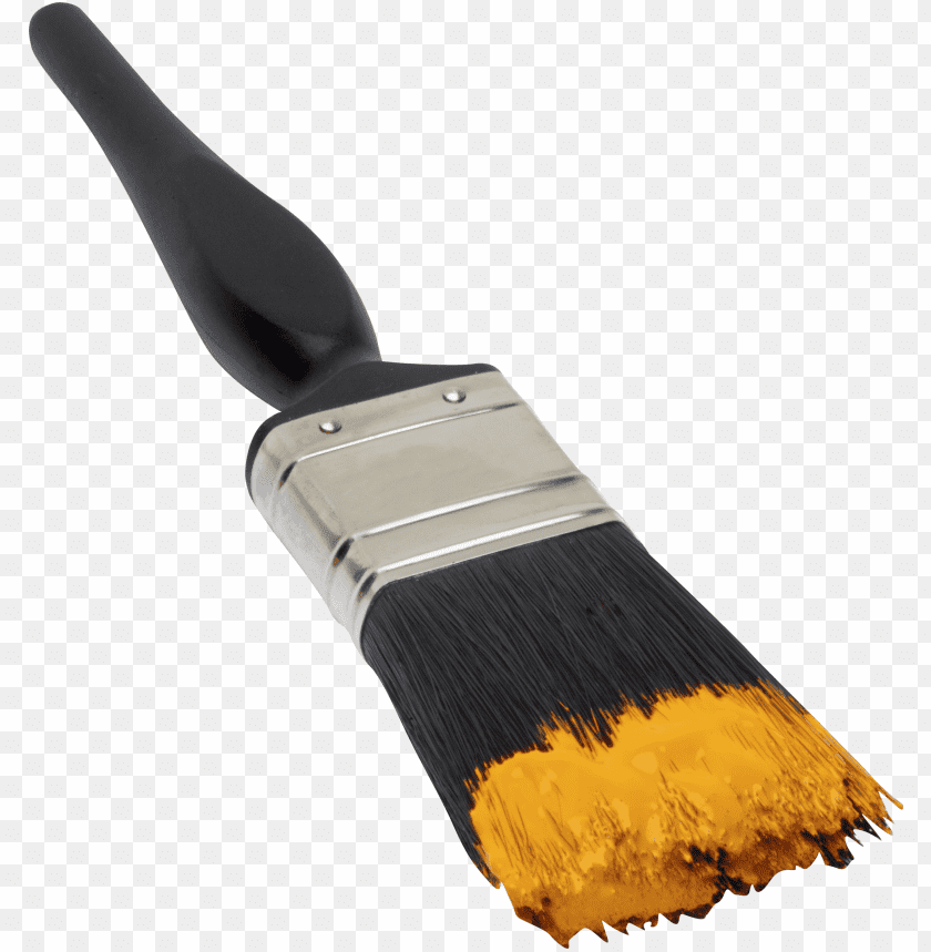 A paintbrush with a black handle and yellow bristles, covered in yellow paint PNG