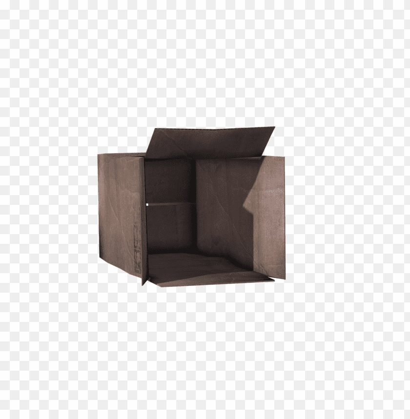 Empty cardboard box with flaps open, showcasing inner space PNG