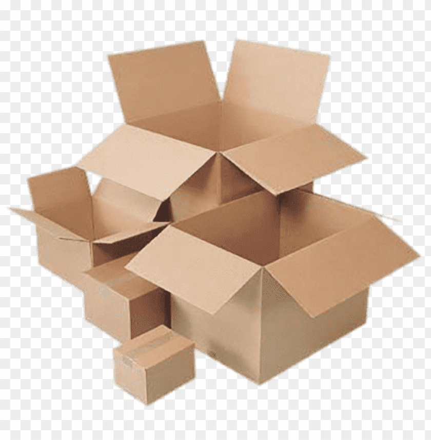 Various open cardboard boxes in different sizes on a transparent background PNG