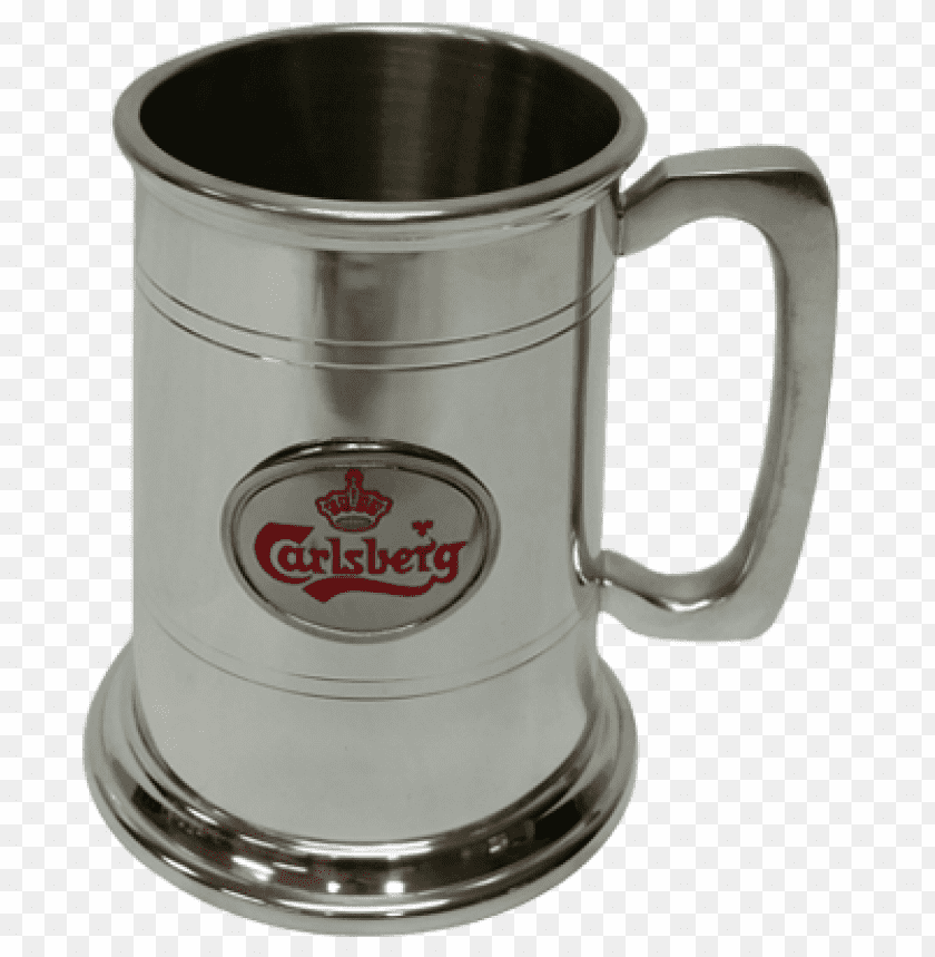 Metal beer mug with Carlsberg logo and a sturdy handle PNG