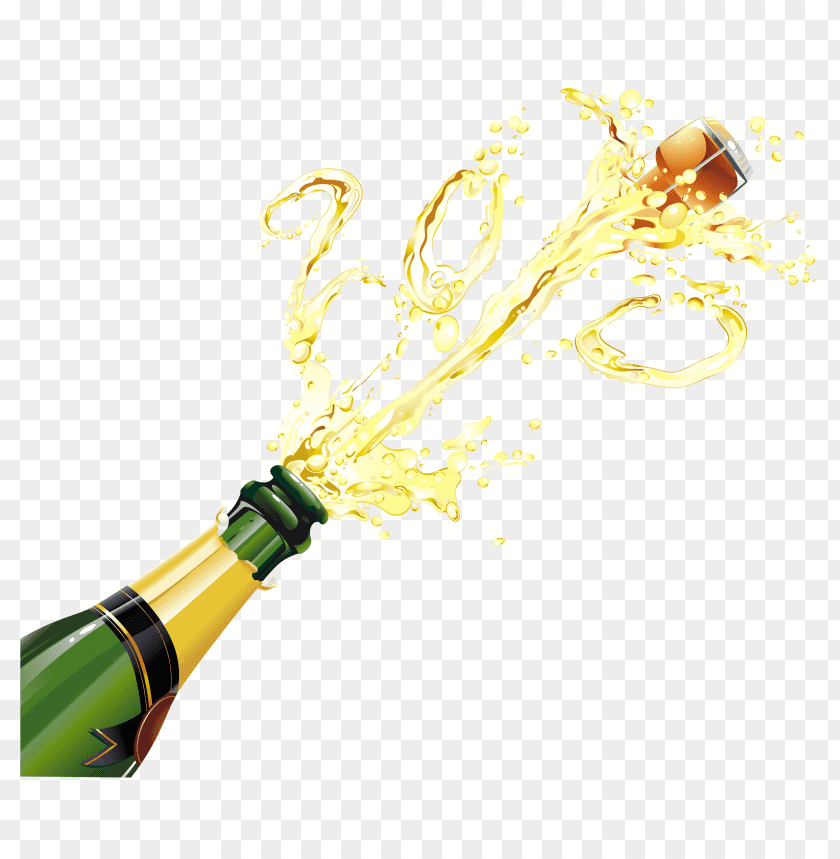 Champagne bottle popping with sparkling liquid splashing out PNG