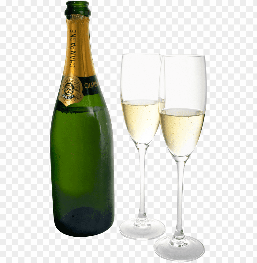 A bottle of champagne with two filled flutes in a celebratory setti PNG