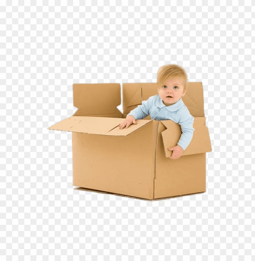 Toddler playing in a cardboard box, smiling and explori PNG