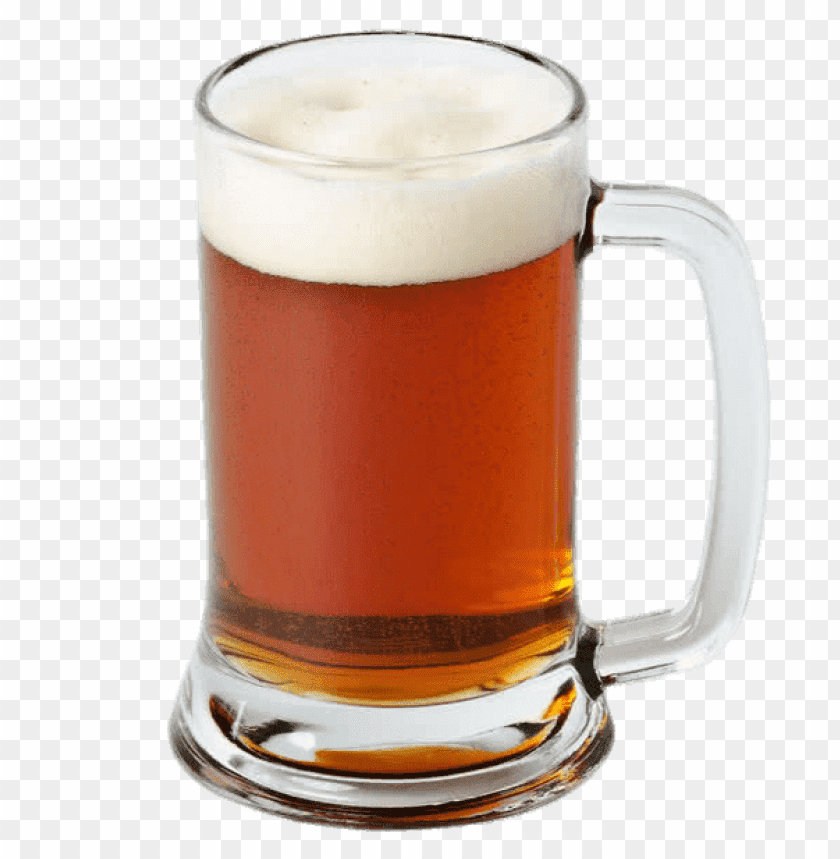 Glass mug of amber beer with frothy white head on to PNG