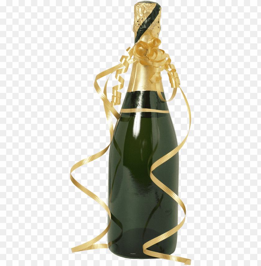 A celebratory champagne bottle decorated with golden ribbons PNG