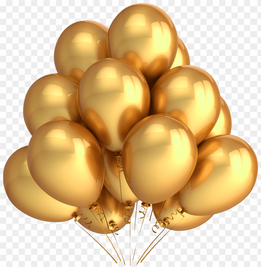 A cluster of shiny golden balloons floating together PNG