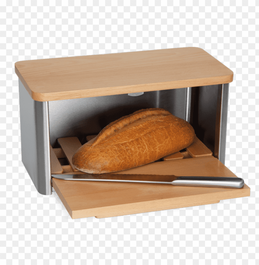 A wooden bread box with a loaf of bread and a slicing knife PNG