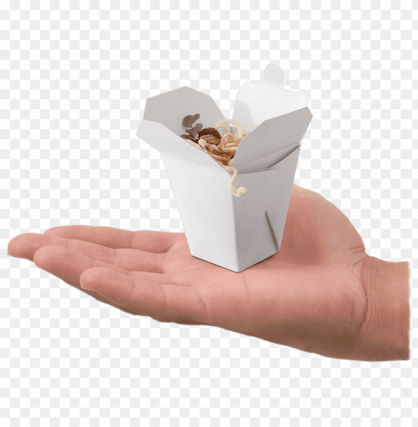 A hand holding a small white takeout box filled with food PNG