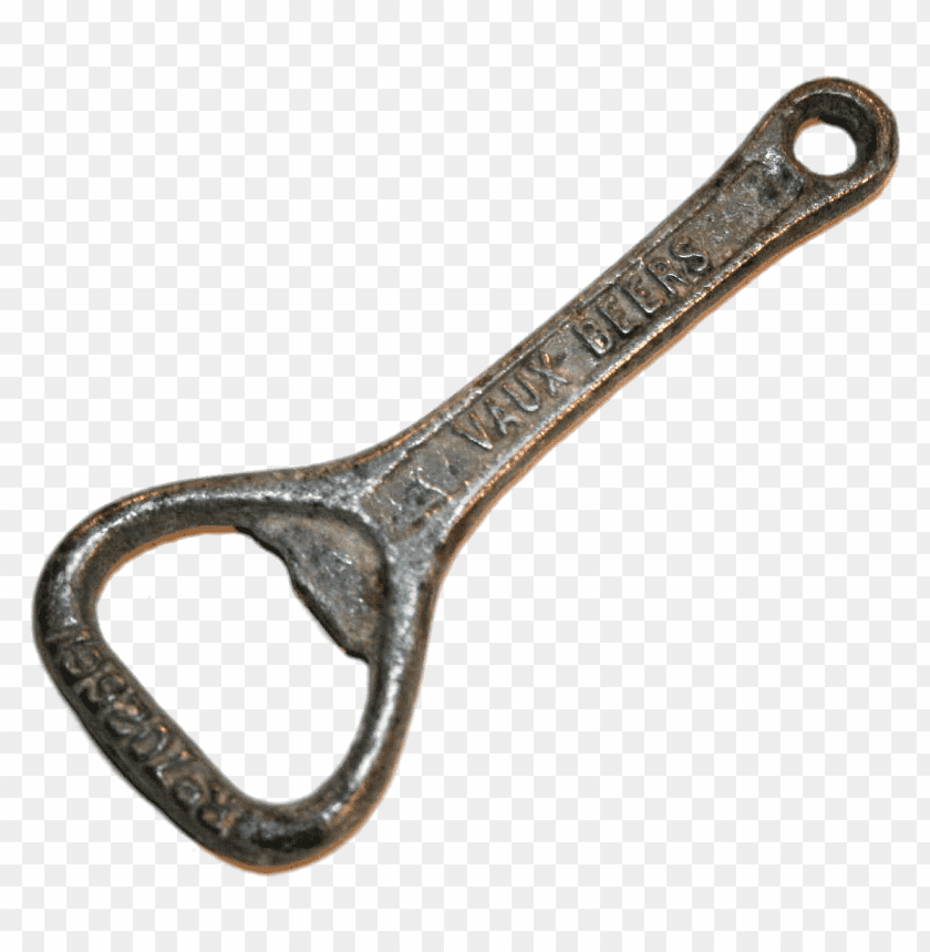 Vintage metal bottle opener with a distinctive design and aged finish PNG