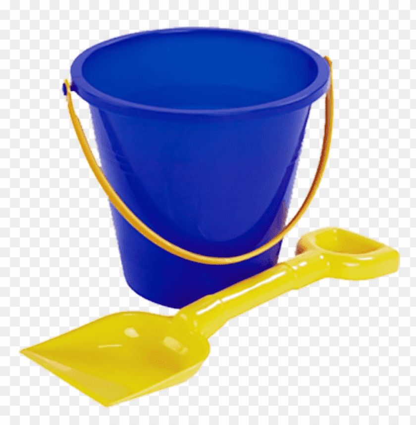 Blue toy bucket and yellow shovel for beach play PNG