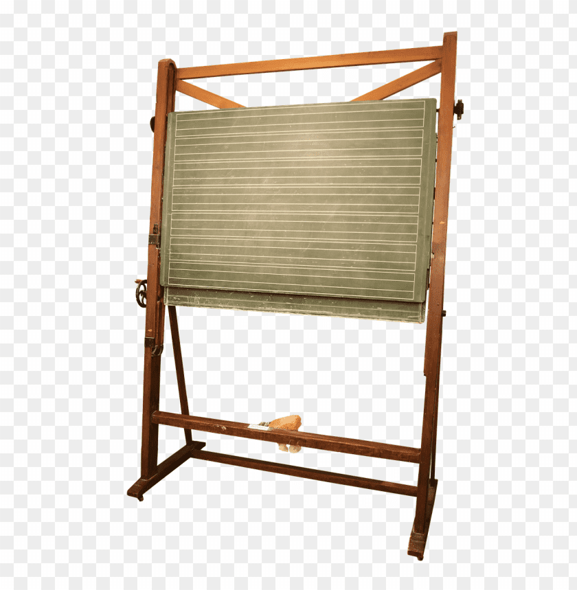 Large wooden chalkboard with a green writing surface on a stand PNG