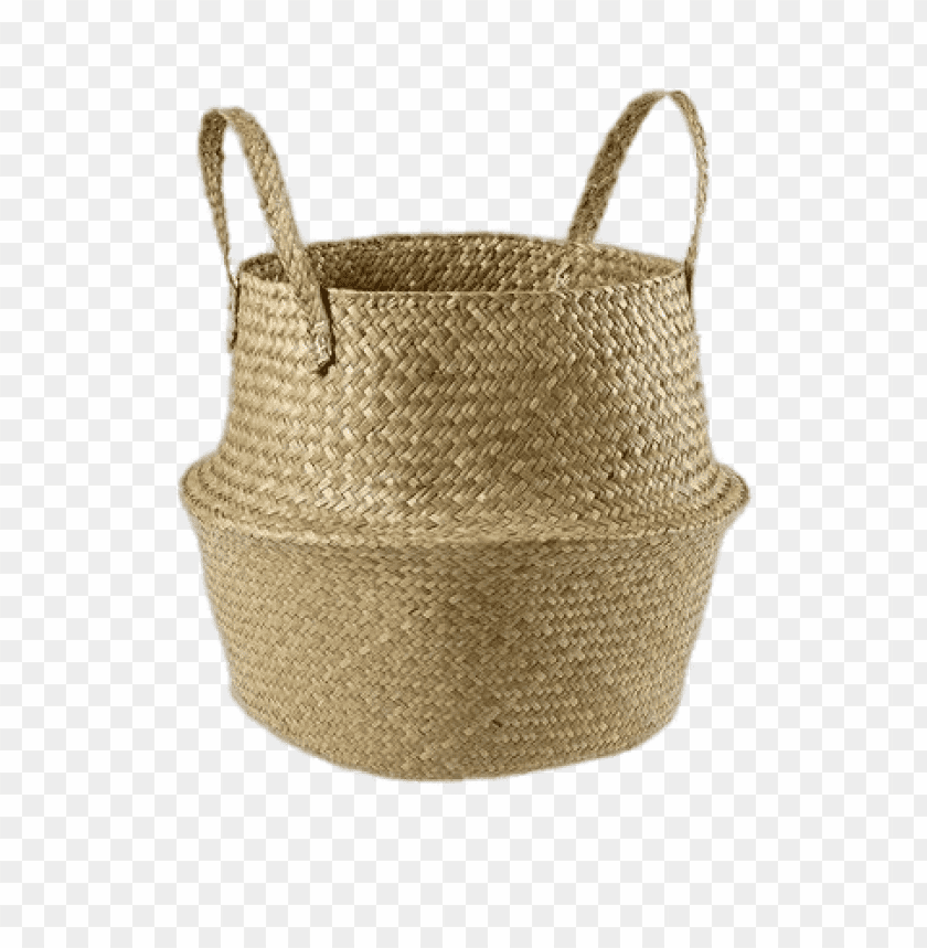 Two woven straw baskets with handles for storage PNG