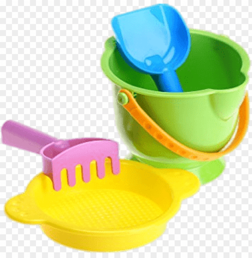 Colorful children's sand toys including a bucket and rake PNG