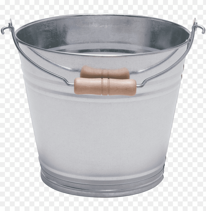 Metal bucket with a wooden handle, ideal for gardening or cleaning tasks PNG