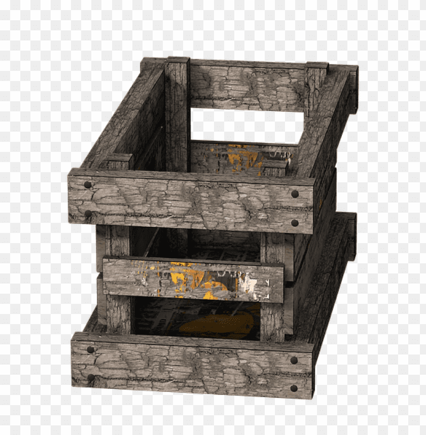 Rustic wooden crate with a weathered appearance and visible contents PNG