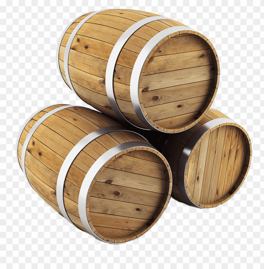 Three stacked wooden barrels with metal bands PNG