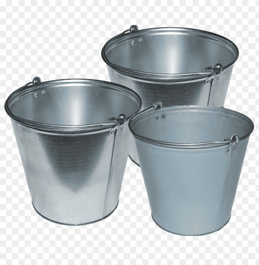 Three galvanized metal buckets of varying sizes PNG