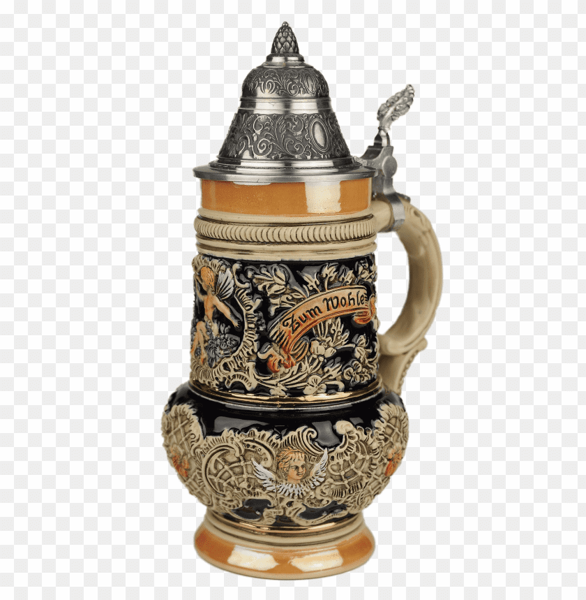 Decorative beer stein with intricate designs and a metal lid PNG